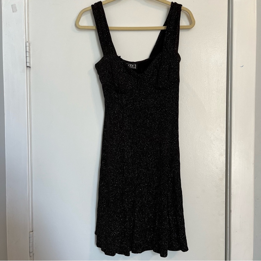 Y2K black and silver dot glitter mini dress sleeveless semi-formal flowy size 10